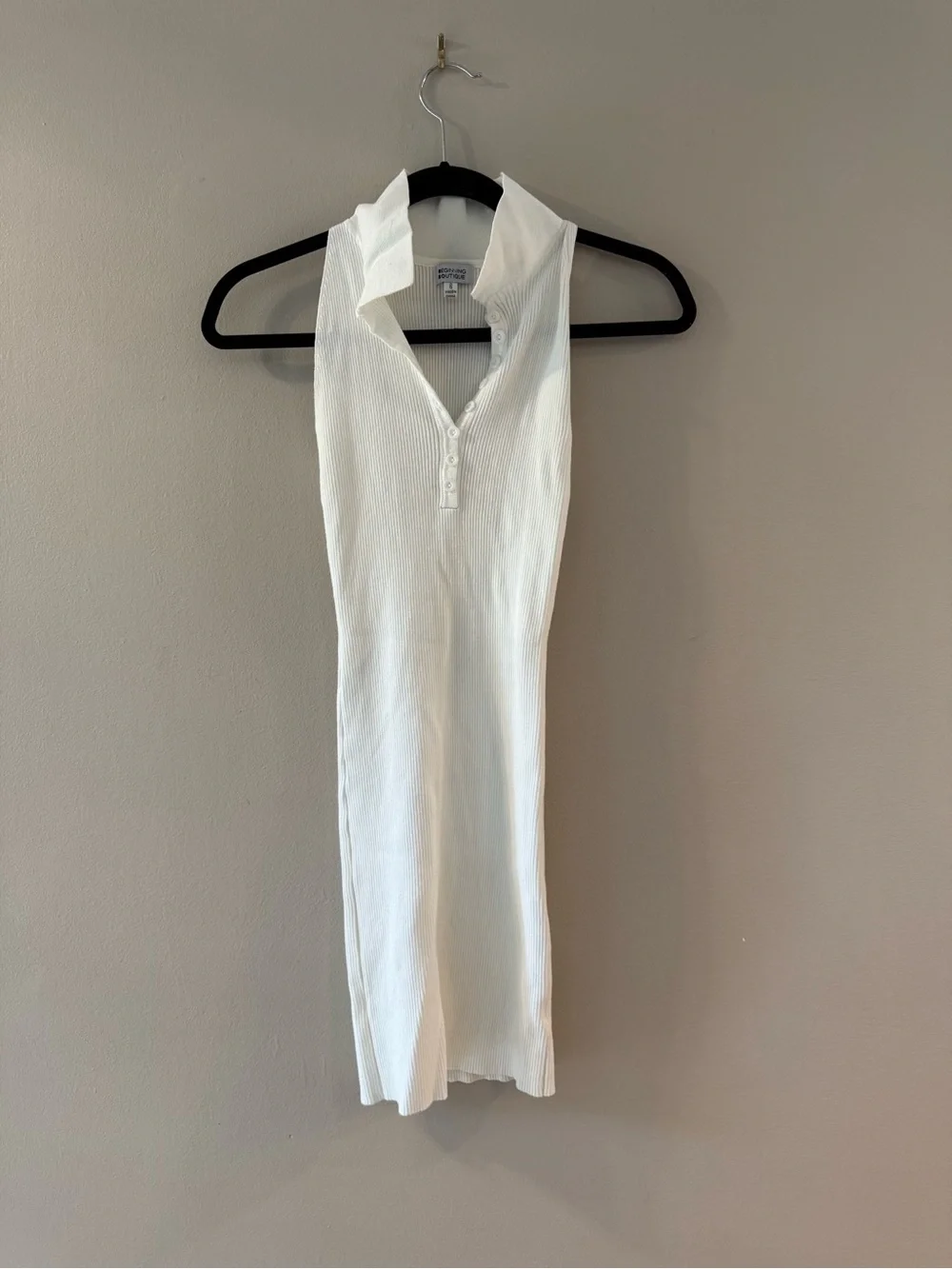 Beginning Boutique White Sleeveless Ribbed Polo Midi Dress